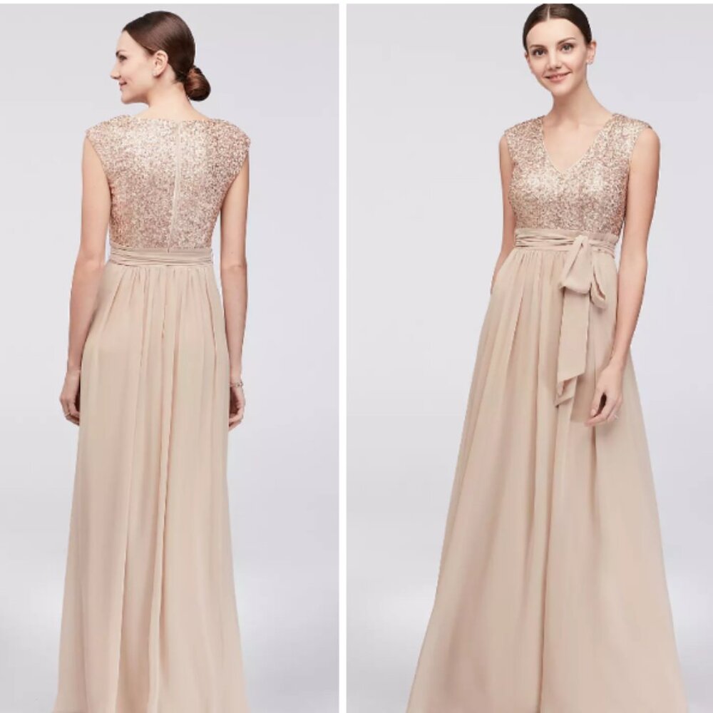Cap Sleeve Sequin and Chiffon A-Line Gown